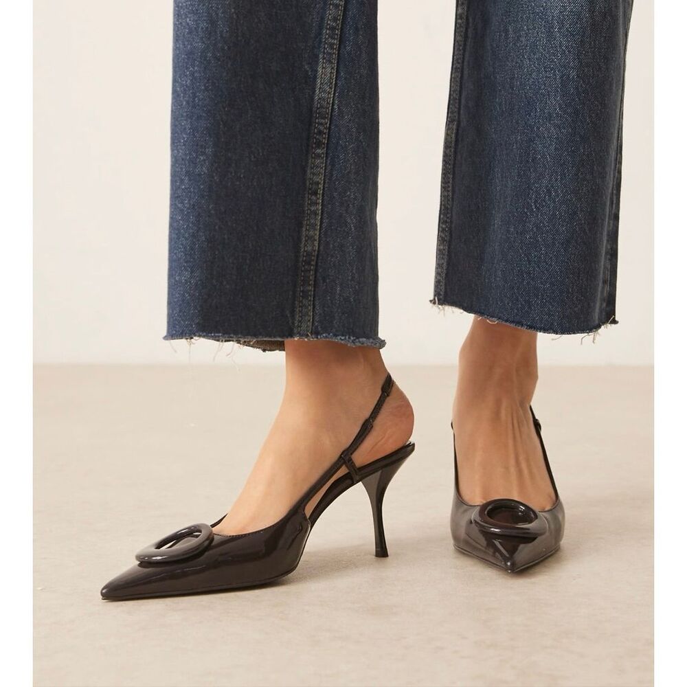 MANGO Patent Leather Pointy Toe Kitten Heel Sling Back Shoes with Ring Detail